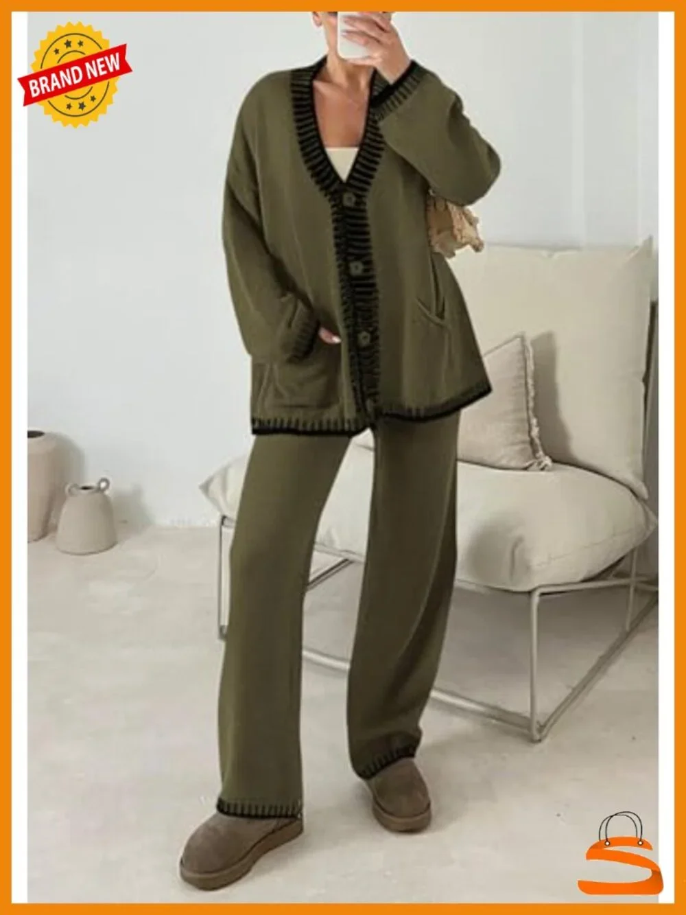 2 Piece Knit Lounge Set - Cardigan & Wide Leg Pants